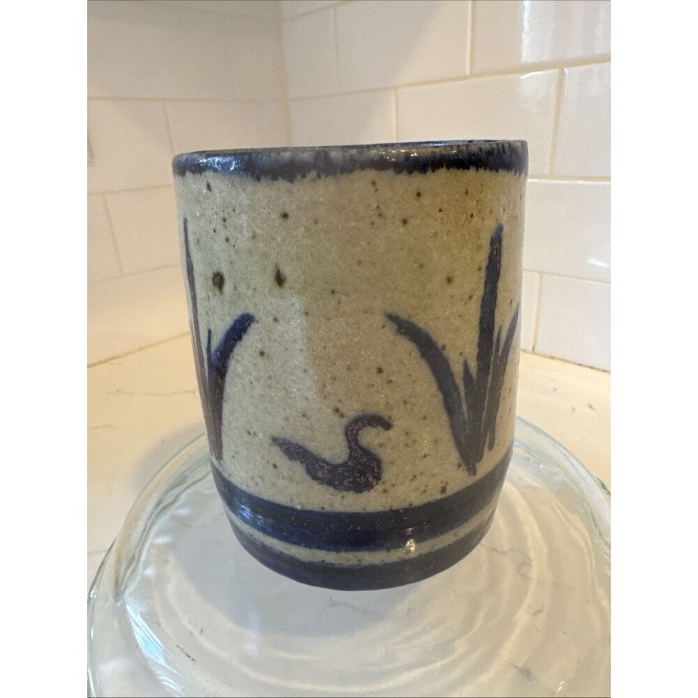 Studio Art Pottery Vase Planter Blue Ban Brown speckles Signed